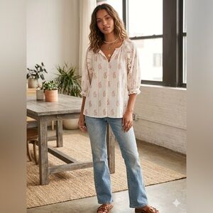 A Loves A Womens Metallic Floral Boho Peasant Hippie Festival Blouse Top Sz M